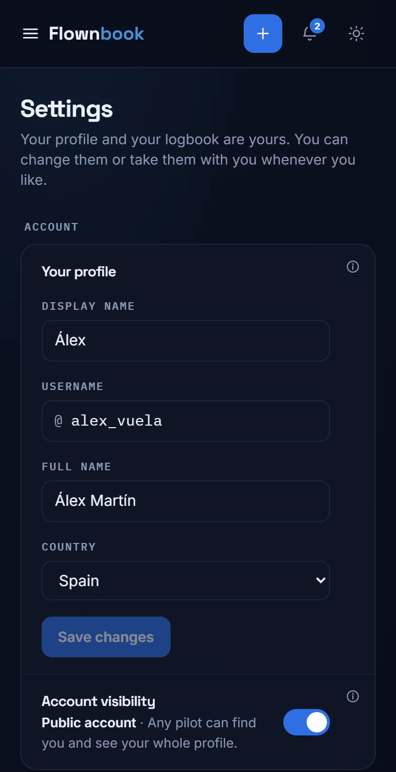 Settings with name, handle, bio and other pilot profile fields.