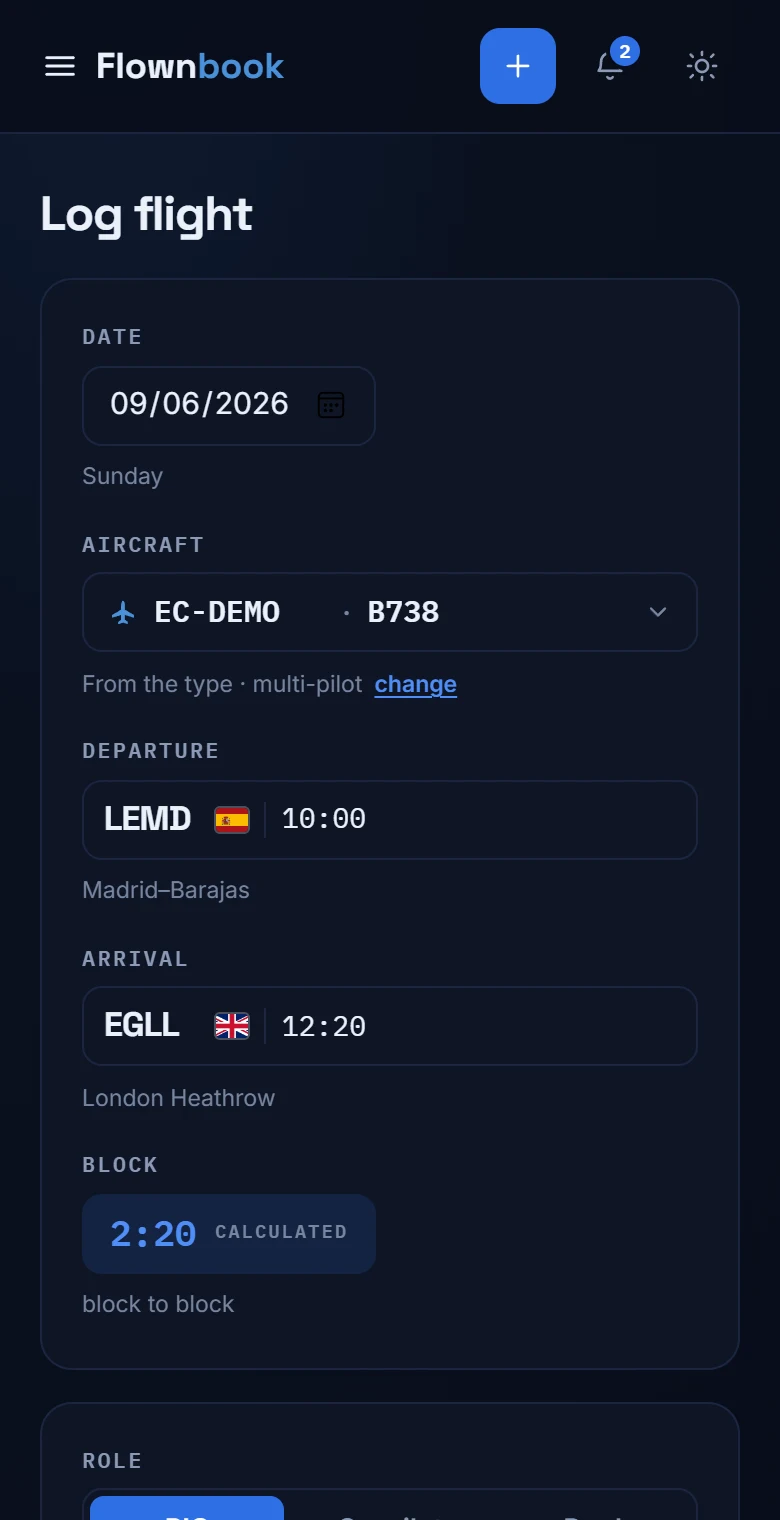 The real form for logging a flight, with date, registration and aircraft type.