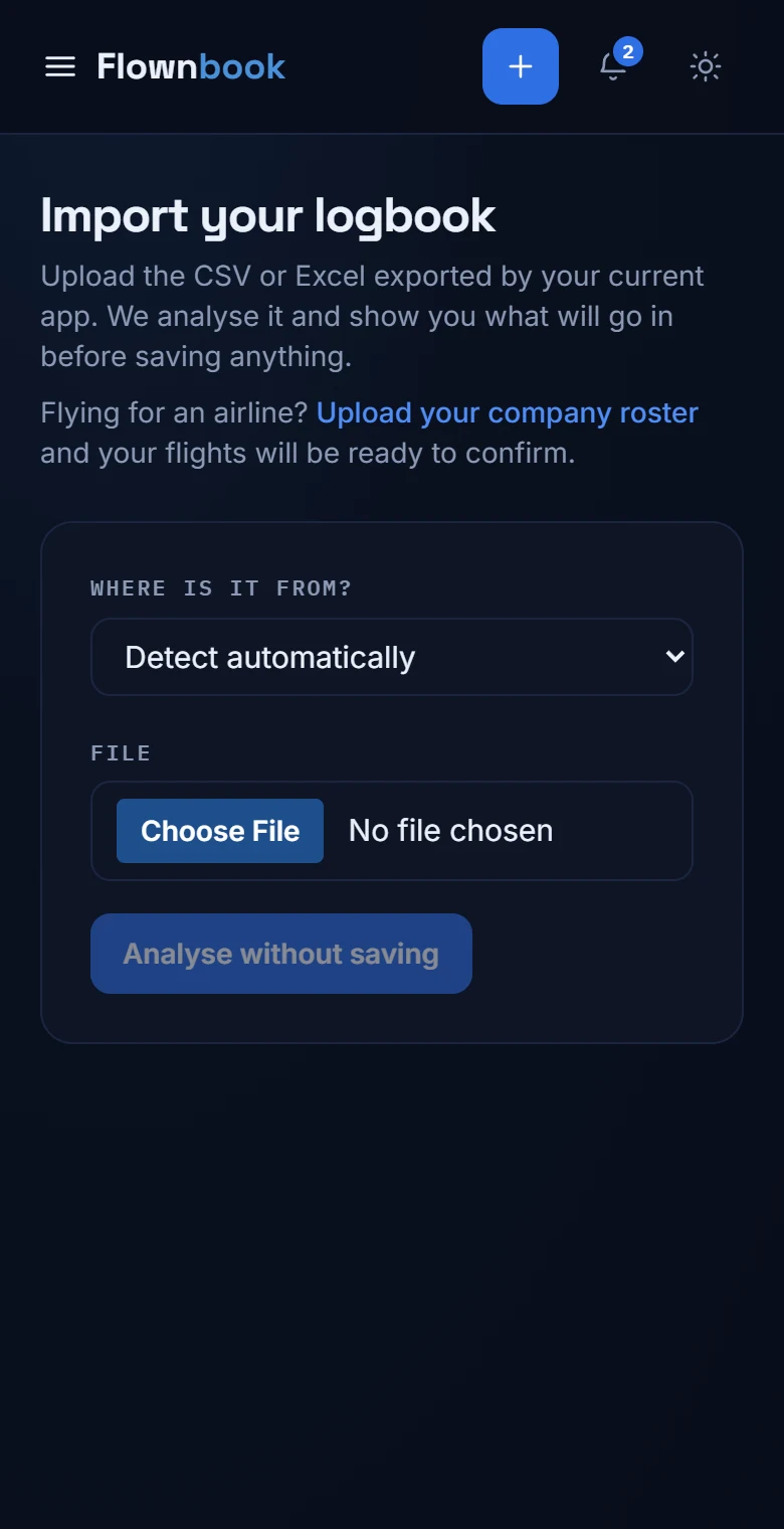 Import screen with a CSV or Excel file picker and date order options.
