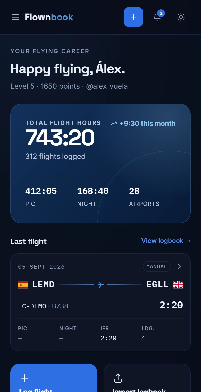 Flownbook home screen with total hours, PIC time, night flying and the last logged flight.