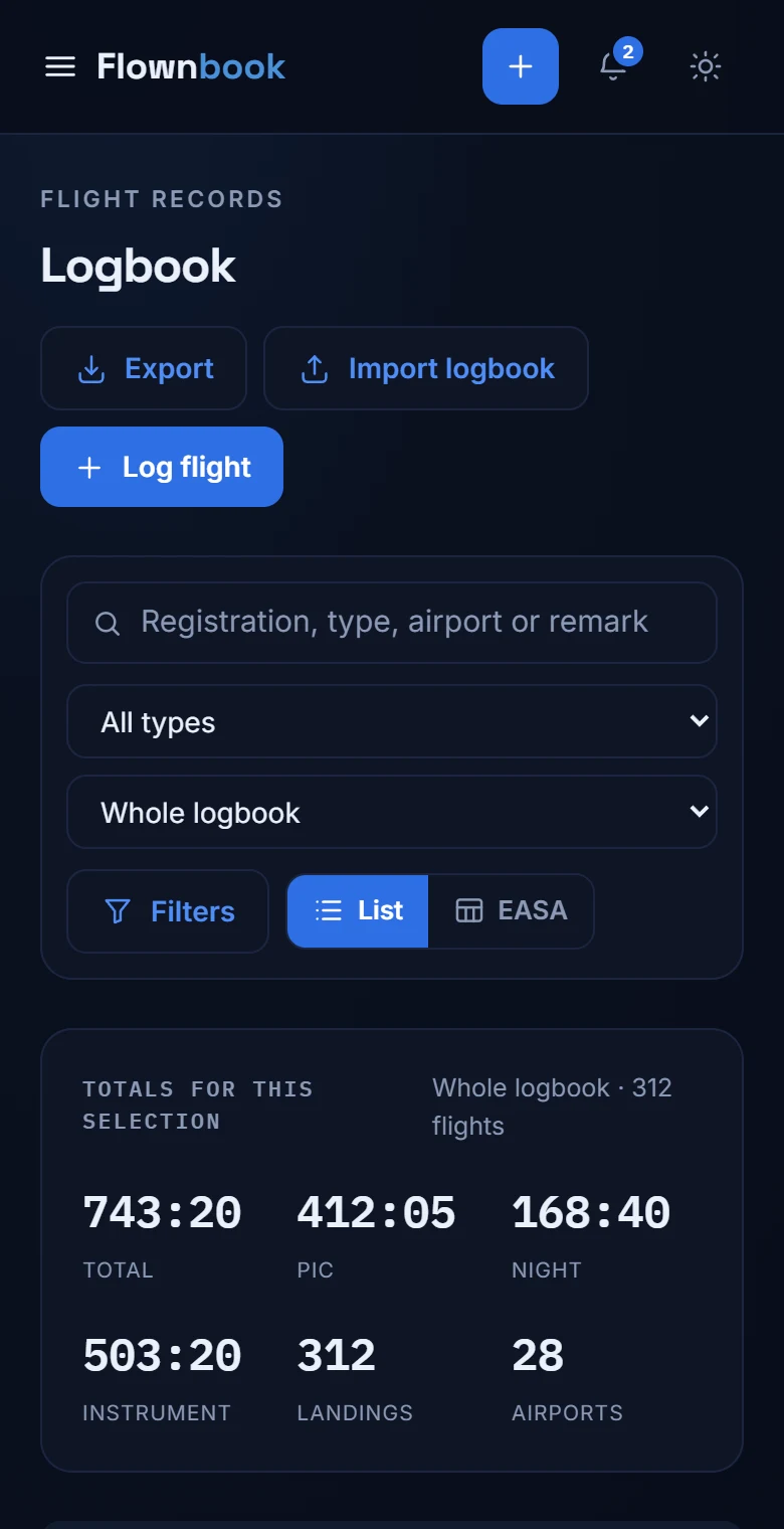 Mobile logbook with filters and flight totals.