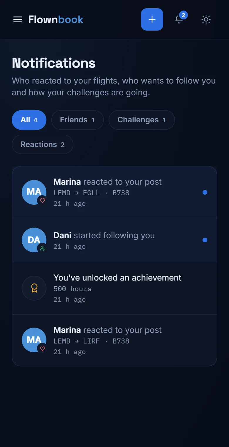 Real notifications inbox with reactions, new followers and achievements.