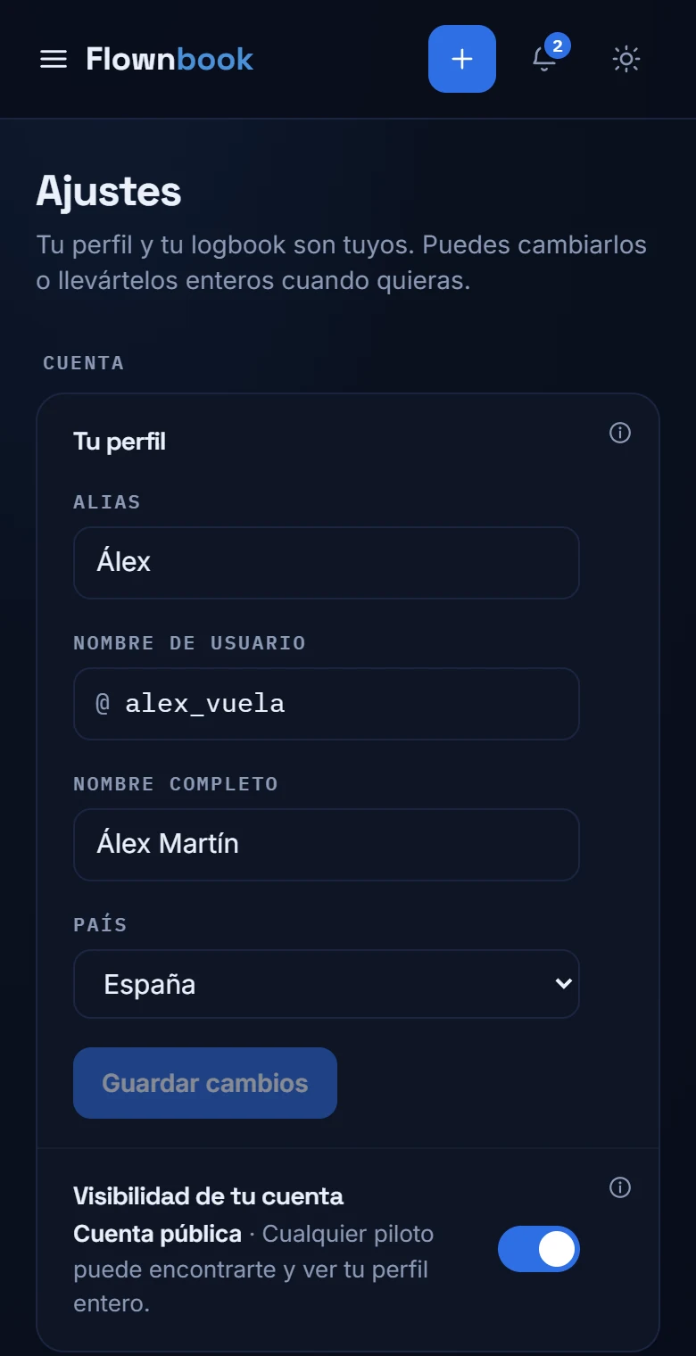 Ajustes con campos de nombre, alias, biografía y datos del perfil del piloto.
