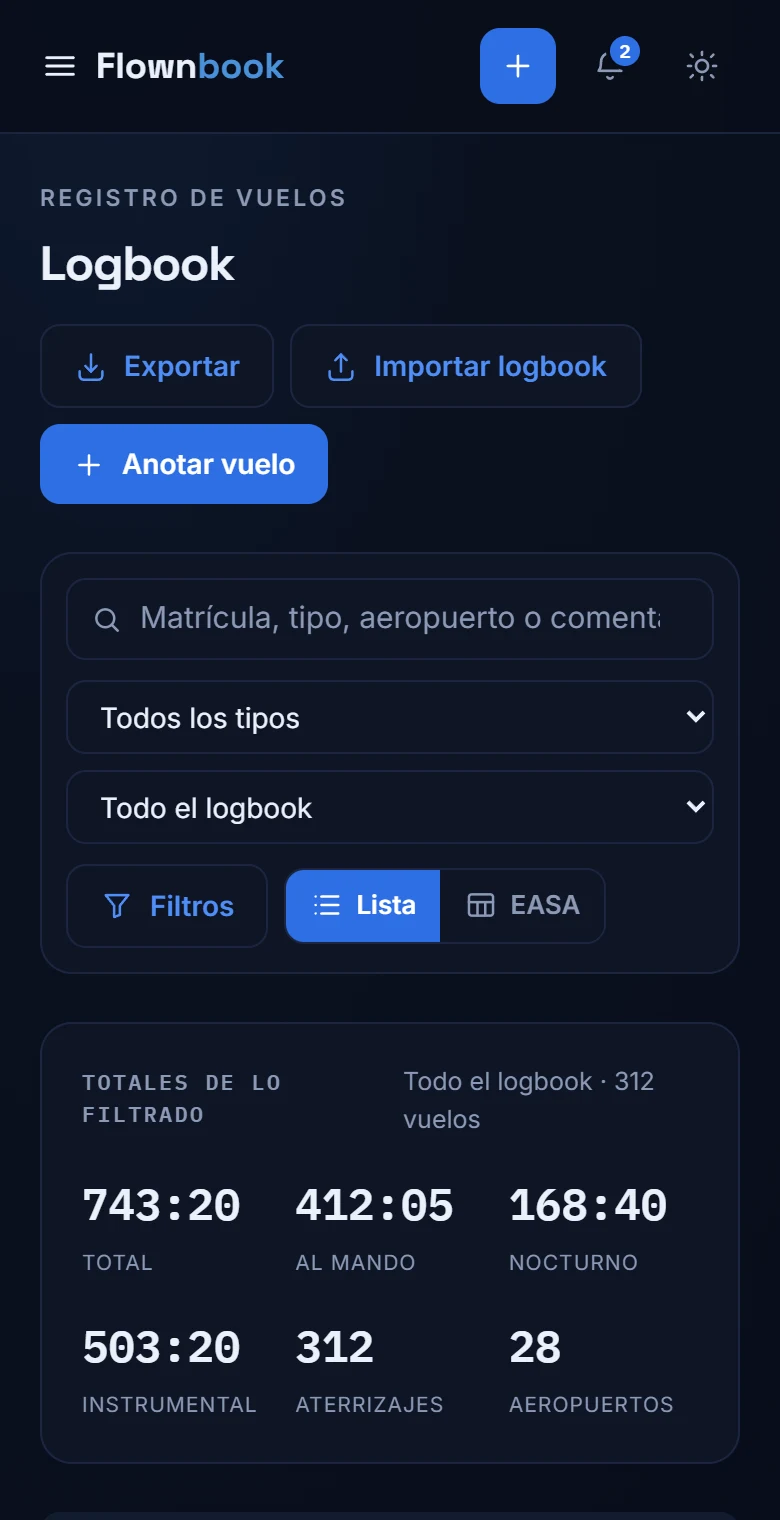 Logbook móvil con filtros y totales de vuelos.