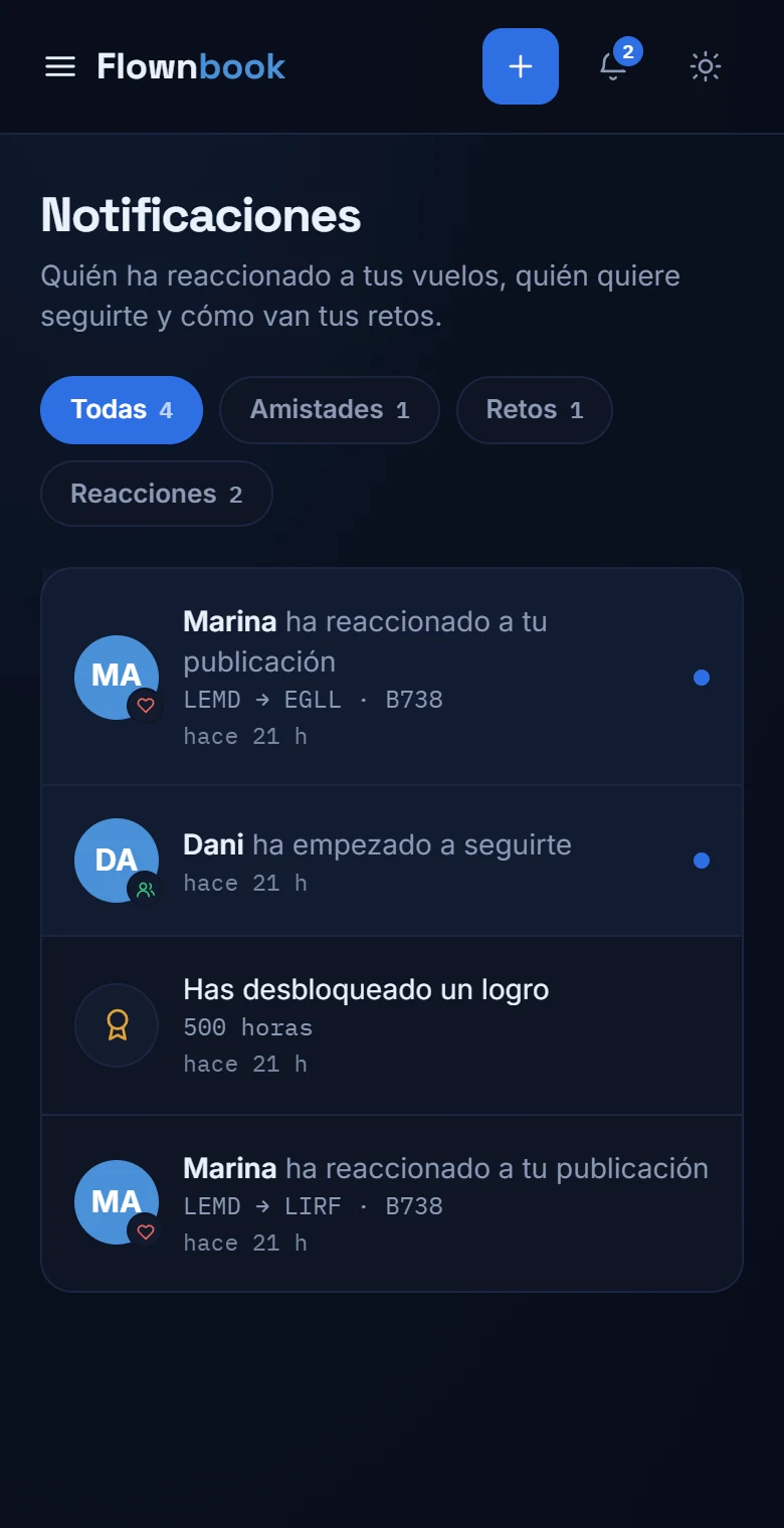 Bandeja real de notificaciones con reacciones, nuevos seguidores y logros.