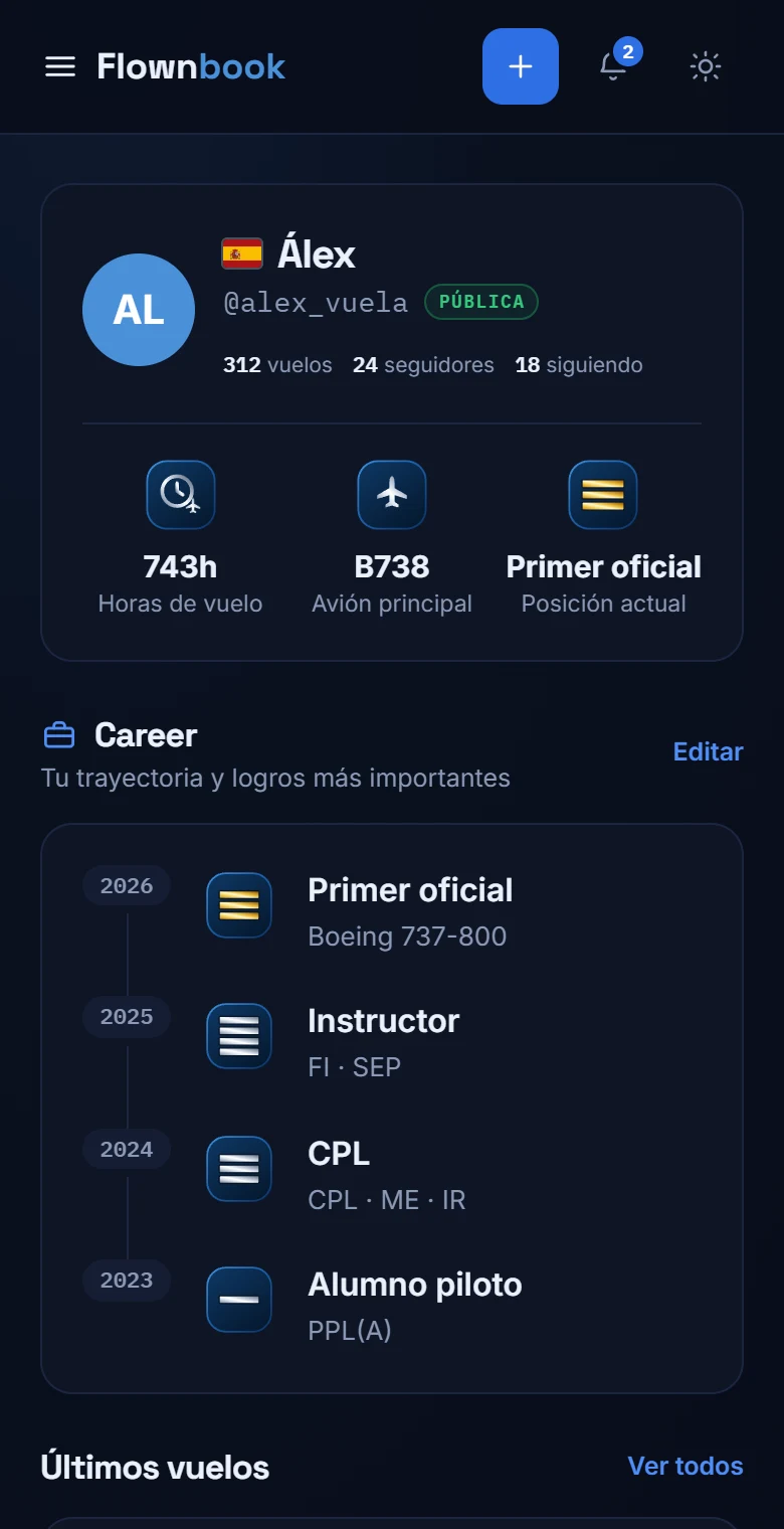 Perfil móvil con horas de vuelo, aeronave principal, puesto actual y cronología de Career.