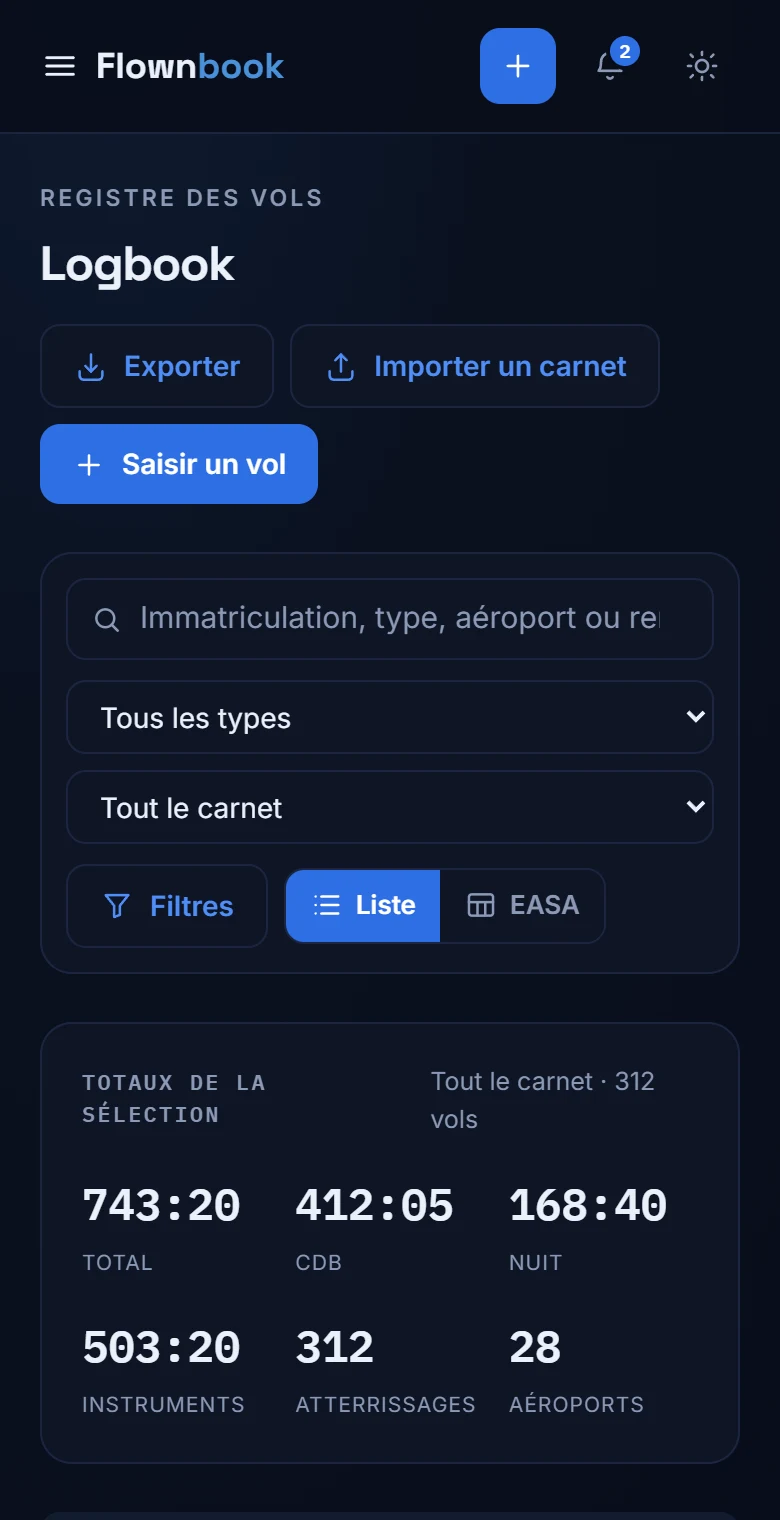 Carnet de vol mobile avec filtres et totaux des vols.