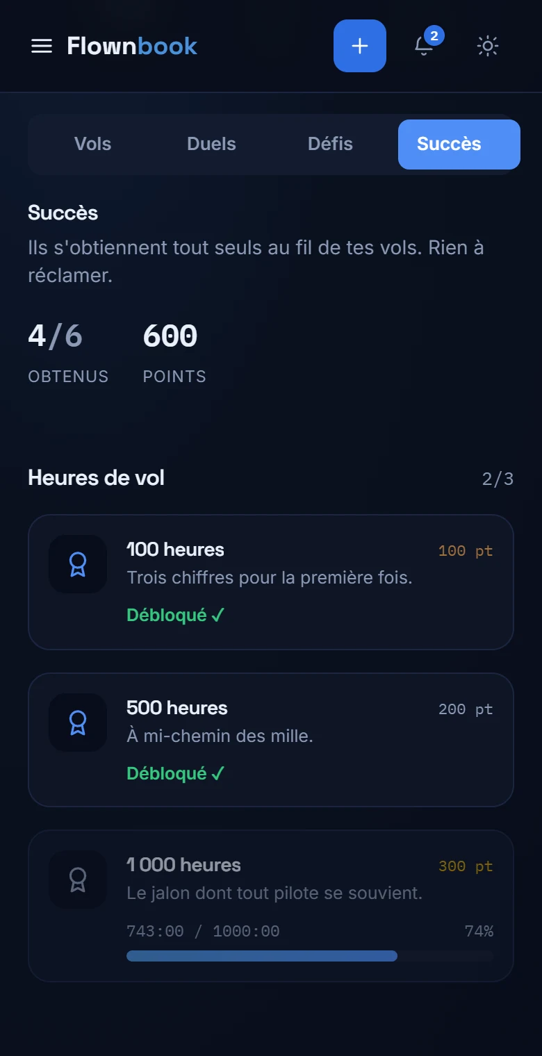Vraie galerie des succès avec badges, points et progression vers les 1 000 heures.