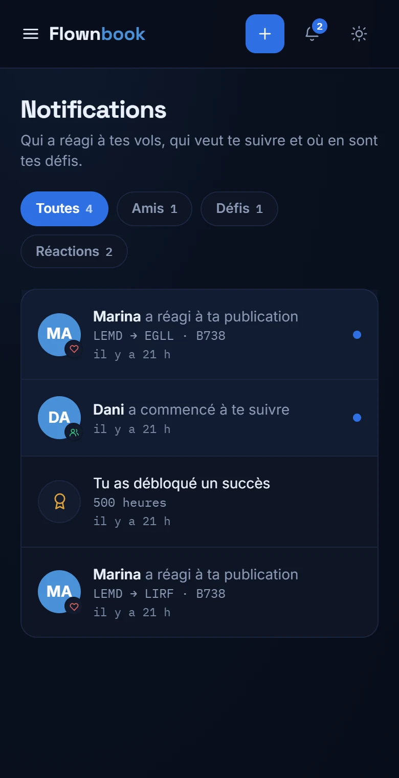 Vraie boîte de notifications avec réactions, nouveaux abonnés et succès.