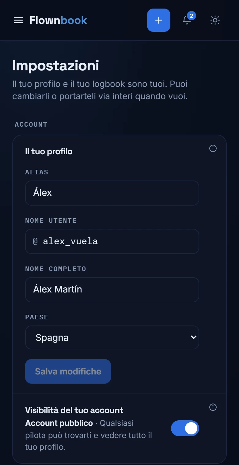 Impostazioni con i campi nome, alias, biografia e dati del profilo del pilota.
