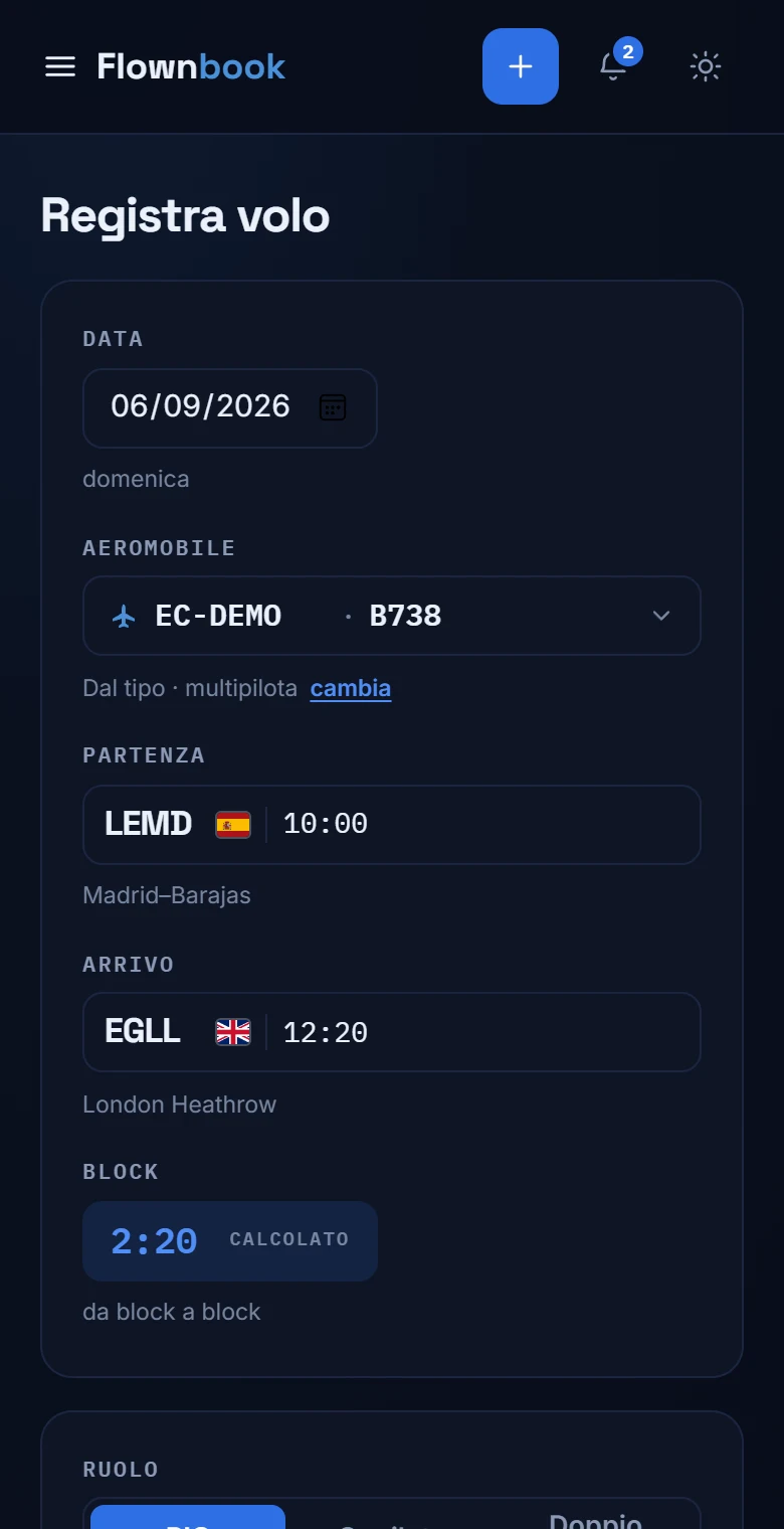 Modulo reale per registrare un volo, con data, marche e tipo di aeromobile.