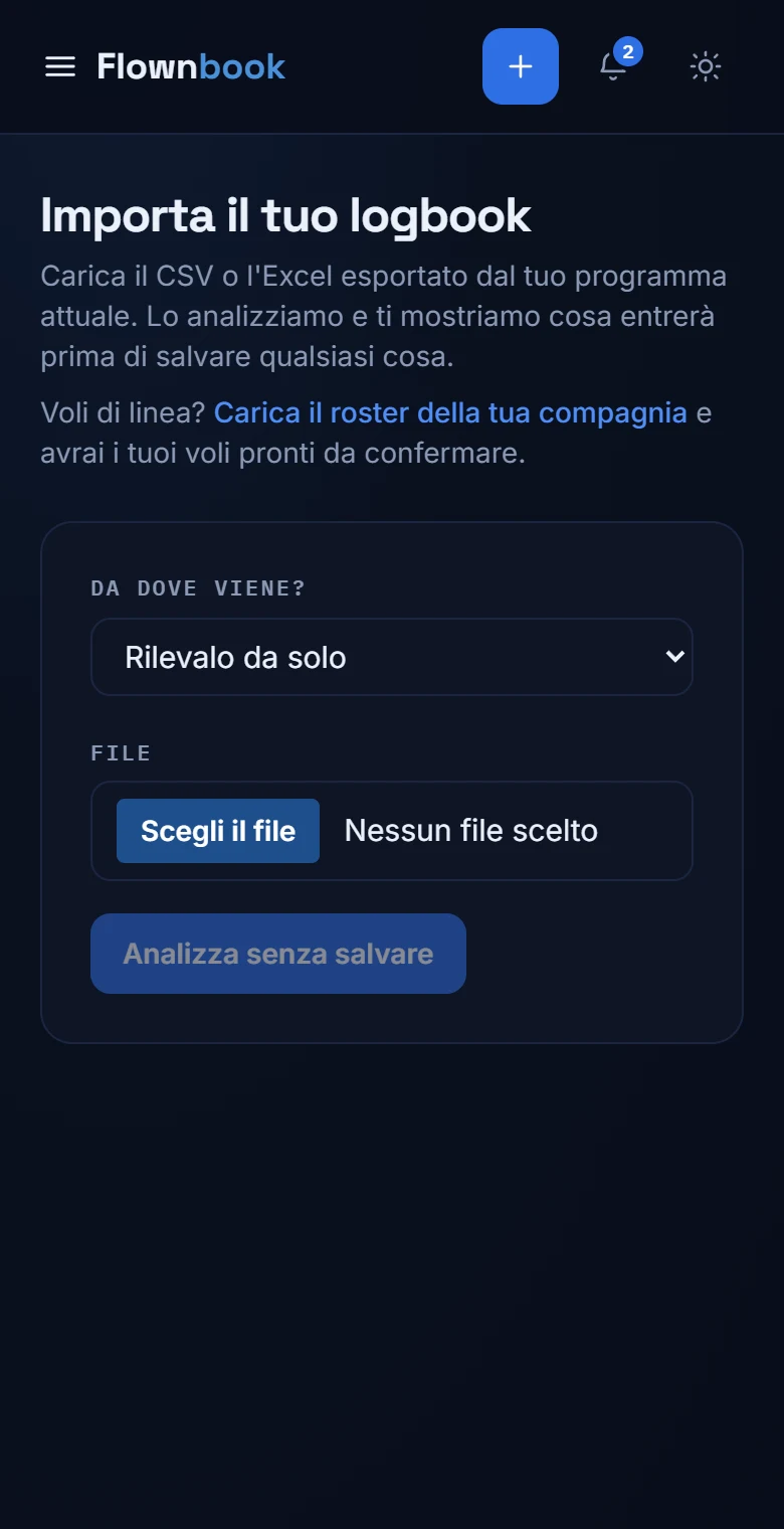 Importazione con selettore di file CSV o Excel e opzioni sull'ordine delle date.