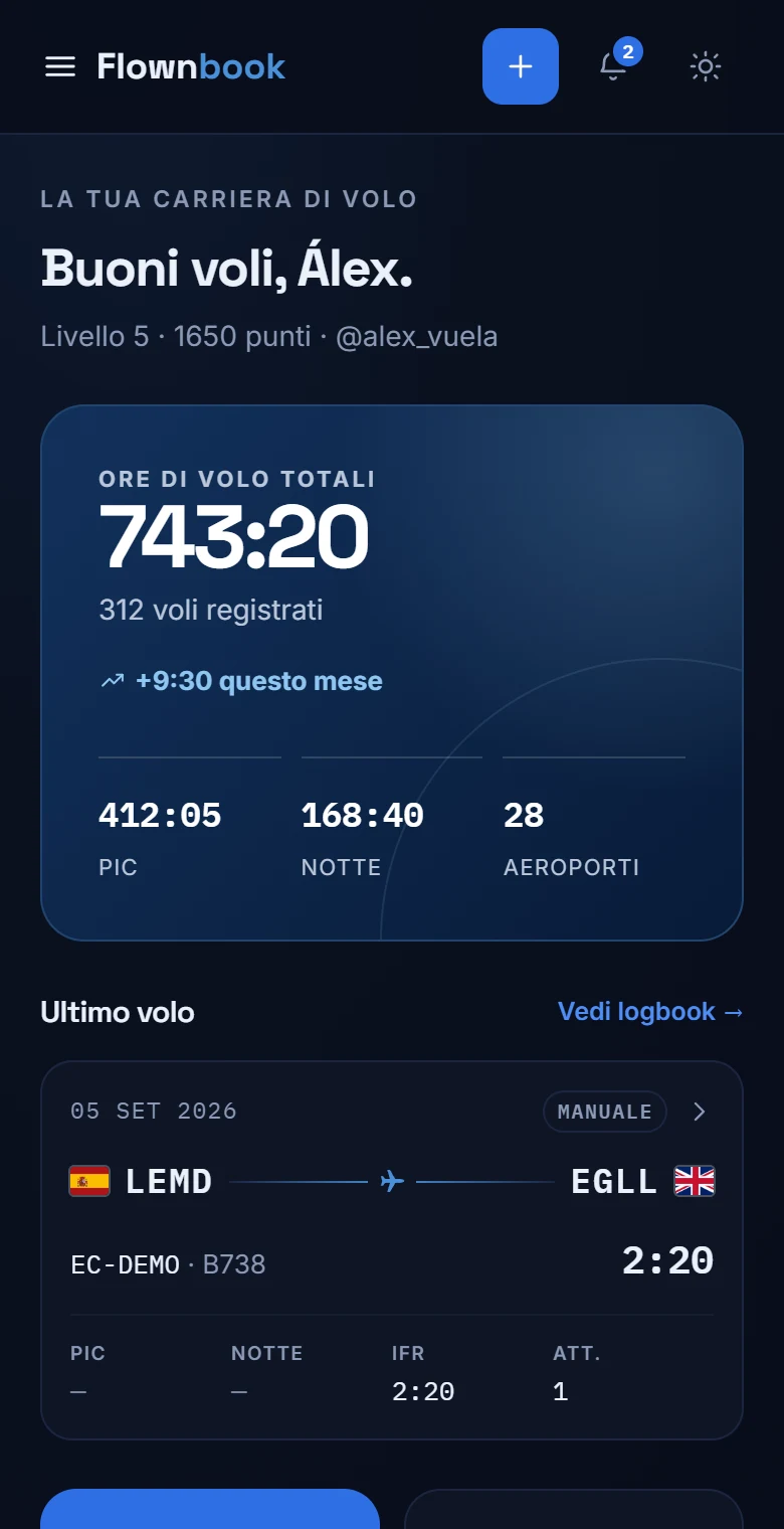 Home di Flownbook con ore totali, tempo PIC, volo notturno e l'ultimo volo registrato.
