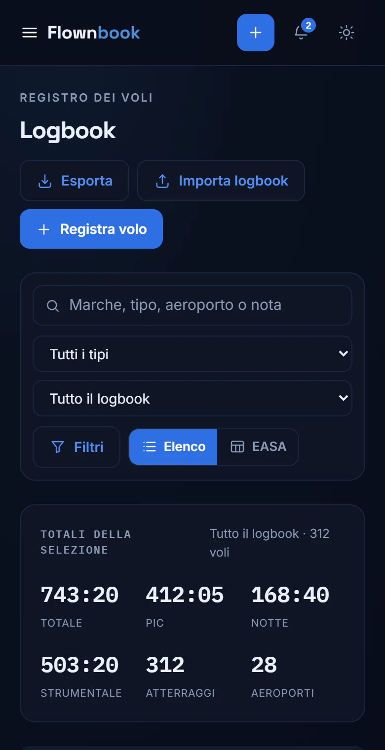 Logbook mobile con filtri e totali dei voli.